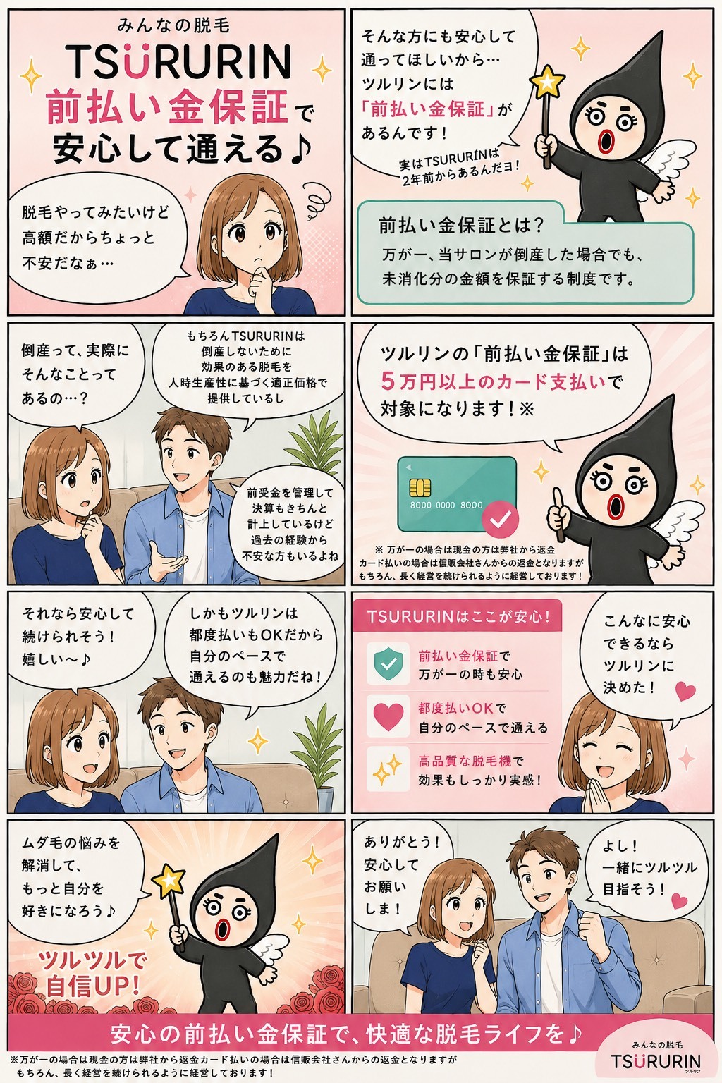 脱毛サロンTSURURINの前払い金保証制度を解説した漫画。万が一の倒産時にも5万円以上のカード払いを対象に未消化分を保証し、都度払いにも対応することで、男女が安心して通える仕組みをわかりやすく紹介しています。,800円と医療脱毛の約3分の1で、痛みもほぼなく、最短2週間に1度通えるため3倍お得であることを、効果や回数などの項目別に解説しています。