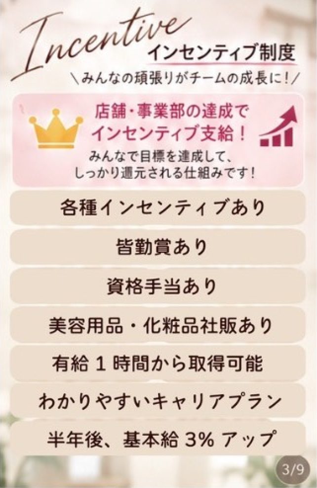 インセンティブ制度：店舗・事業部の達成でインセンティブ支給。皆勤賞・資格手当・半年後に基本給3%アップ